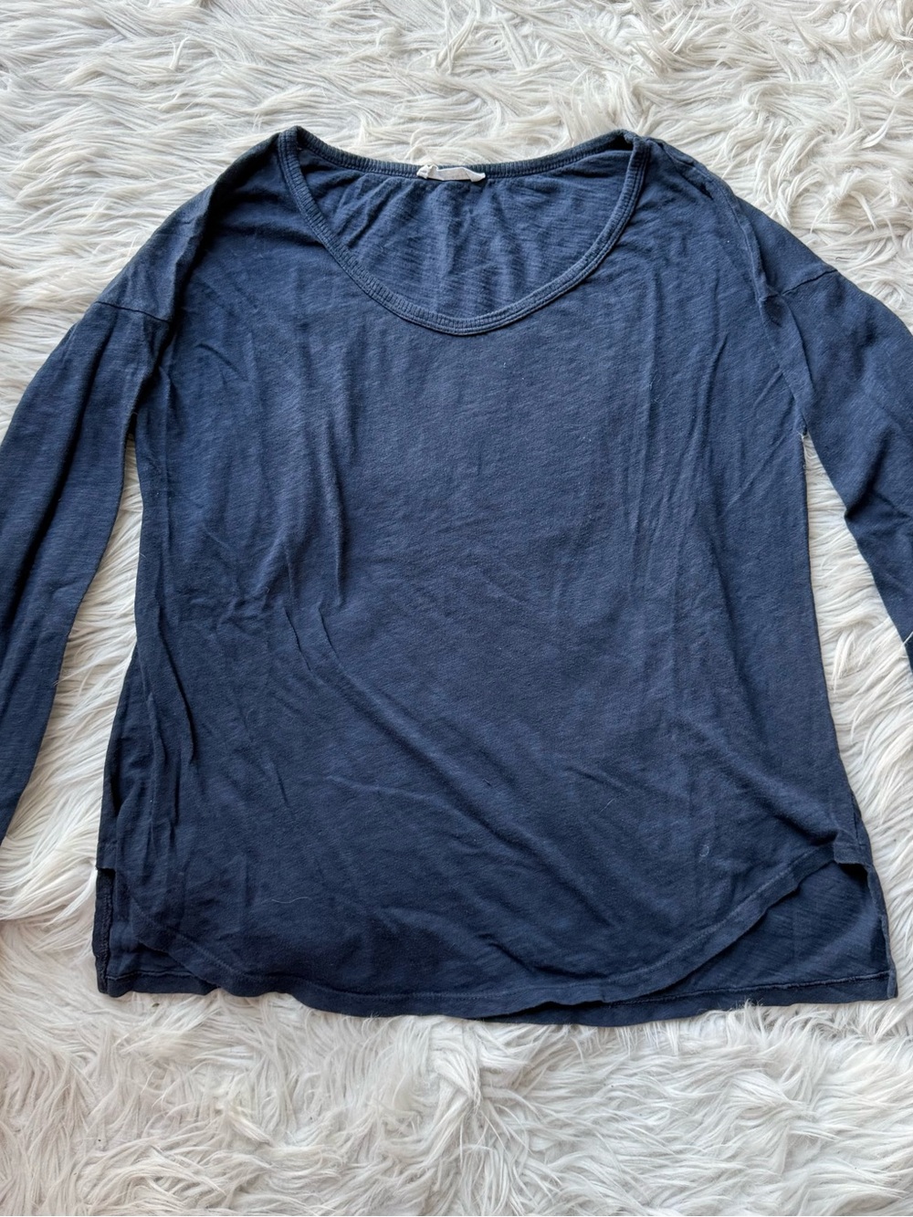Women's Navy Casual Comfy Long Sleeve Scoop Neck Slubby 100% Cotton Top Shirt S